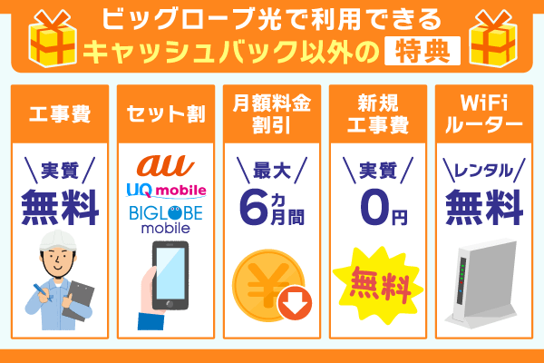 ビッグローブ光で利用できるキャッシュバック以外の特典について解説している画像
