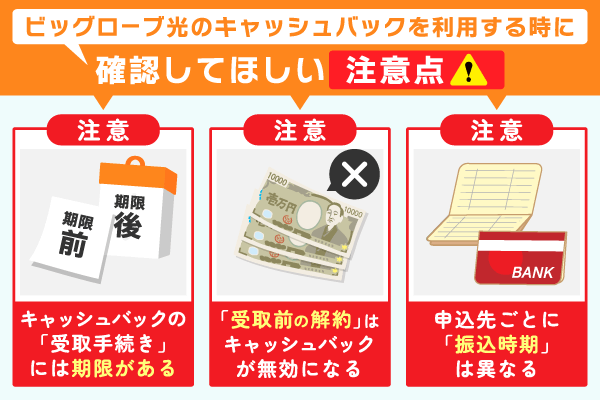 ビッグローブ光のキャッシュバックに関する注意点を解説している画像