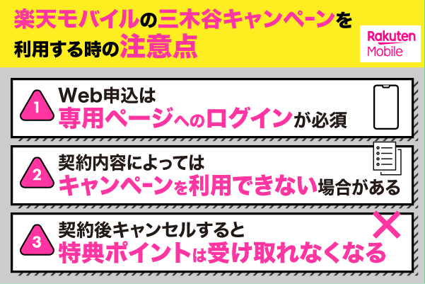 楽天モバイルで三木谷キャンペーンを利用する時の注意点を解説している画像
